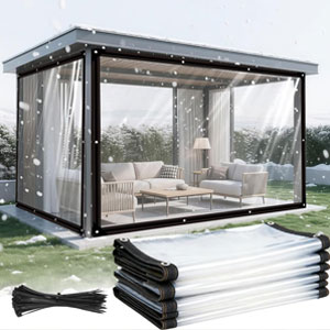 Clear tarpaulin covering stored equipment while keeping it visible